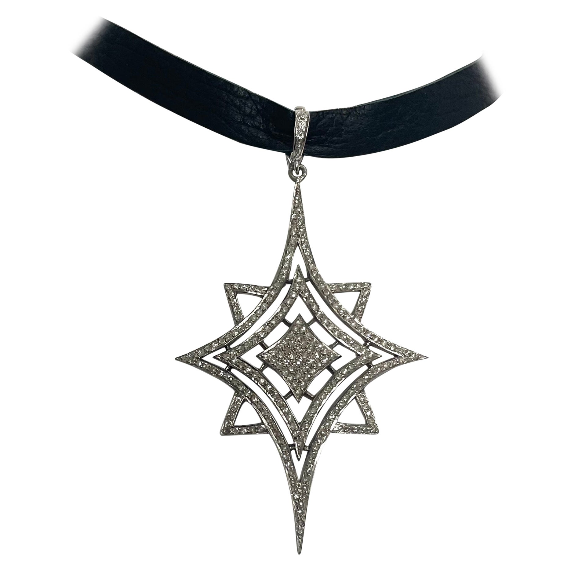  Pave Diamond Starburst Pendant on Deerskin Choker Necklace For Sale