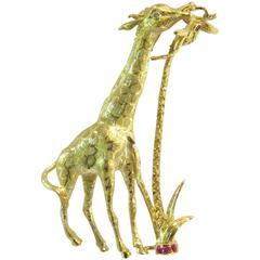 Incredible Ruby Diamond Gold Giraffe Eating Treetops Brooch