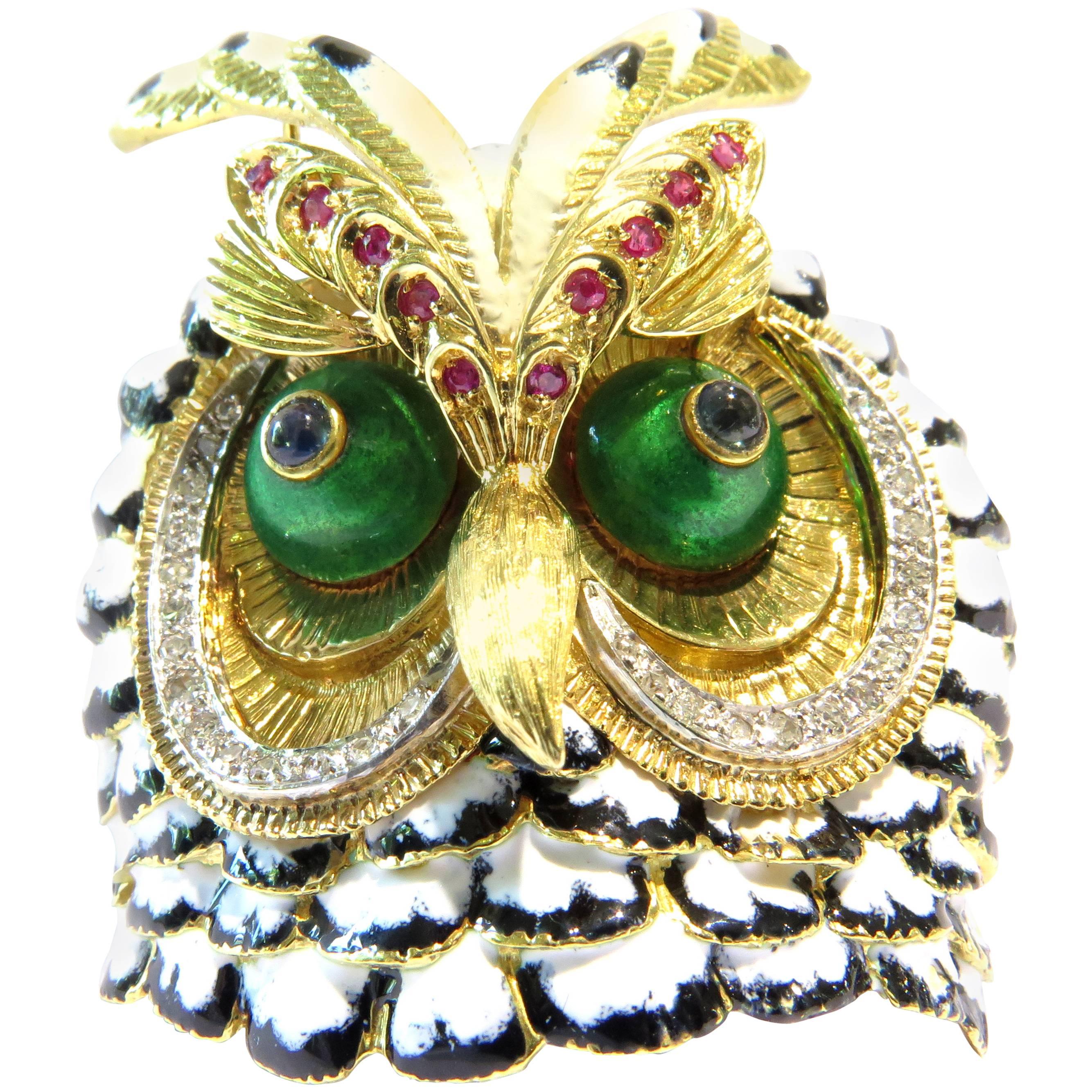 Spectacular Large Owl Pin Gold Enamel Sapphire Ruby Diamond Gold