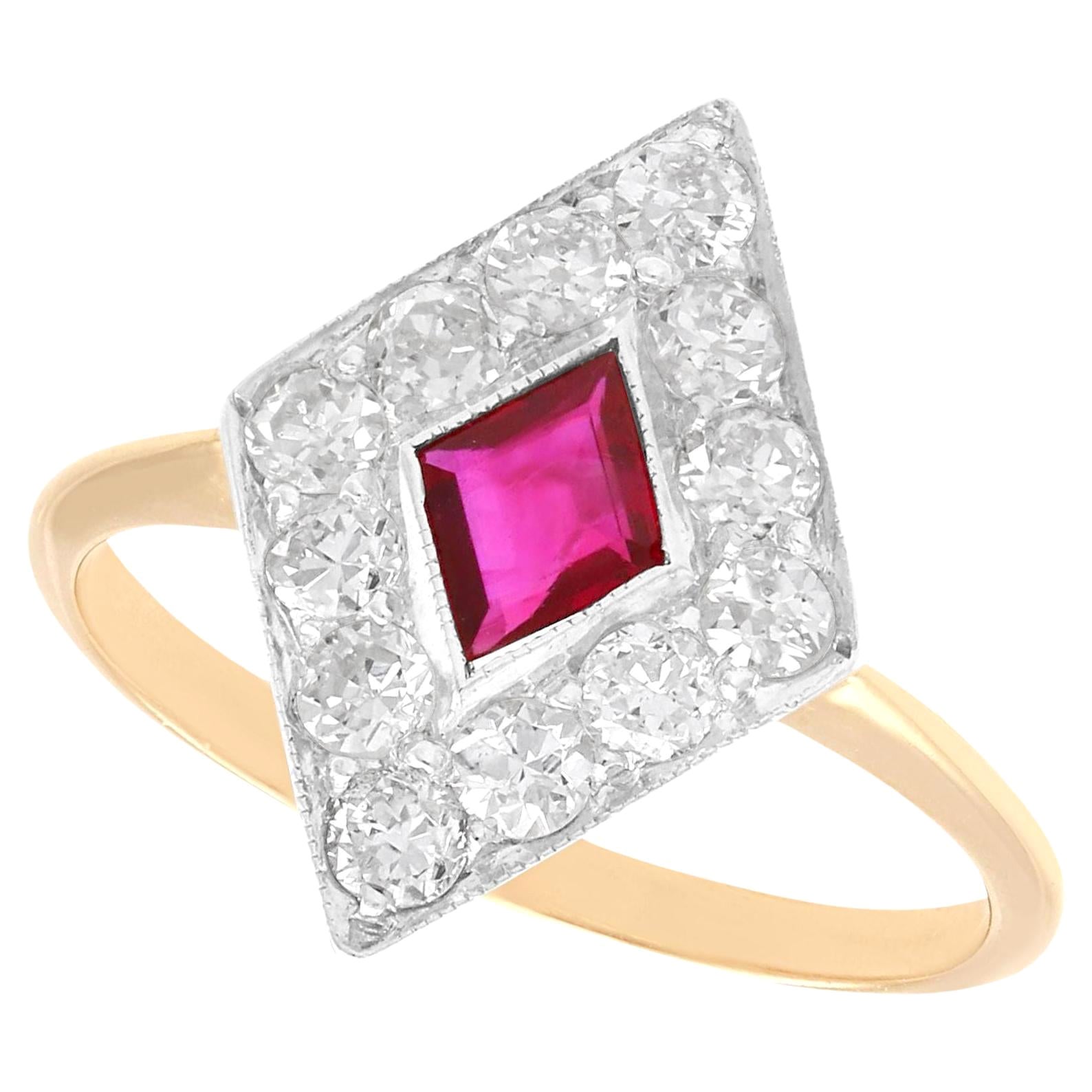 Antique 0.39ct Ruby and 0.63ct Diamond 15k Yellow Gold Dress Ring, circa 1920 For Sale