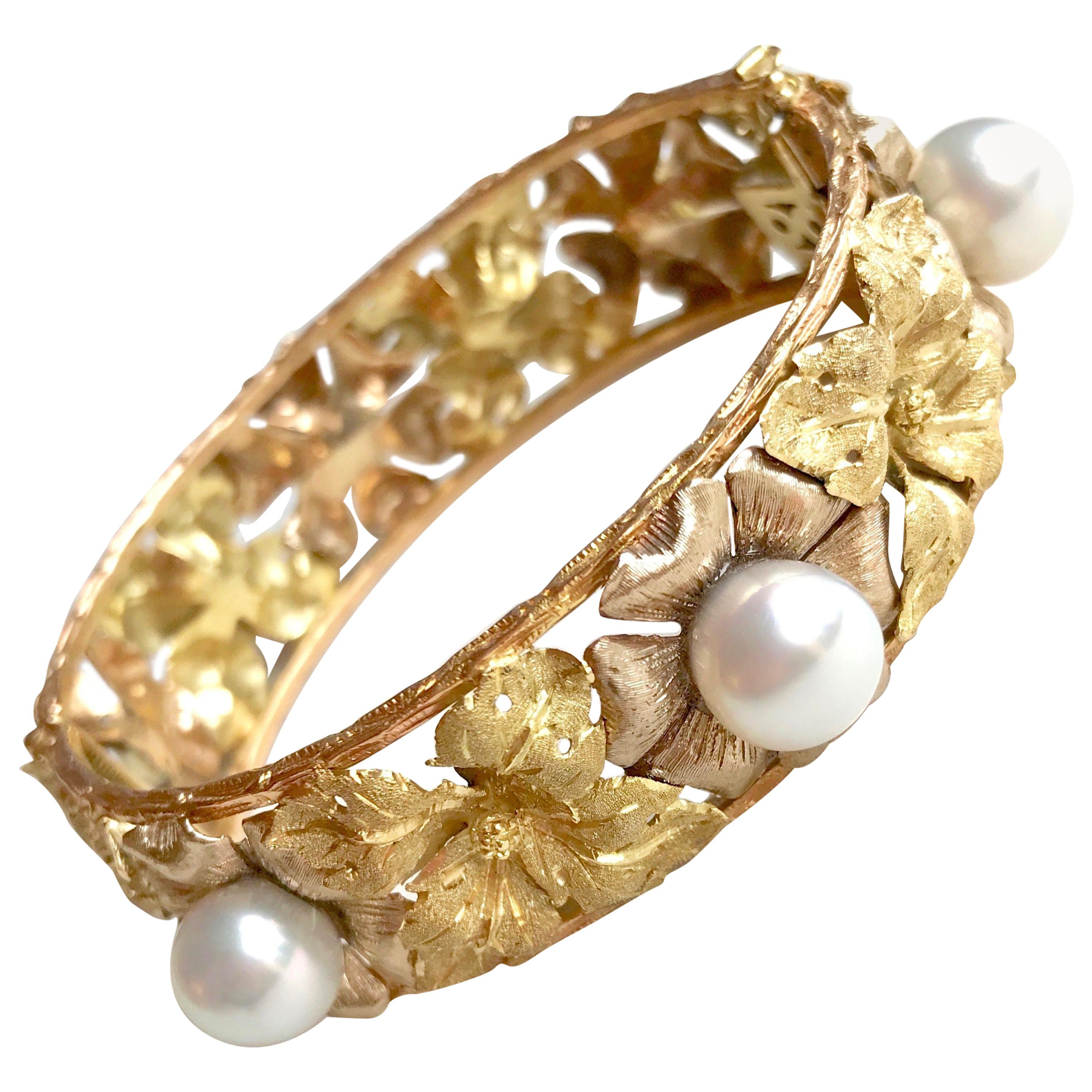 Bracelet rigide Buccellati Perles or jaune, blanc et rose en vente