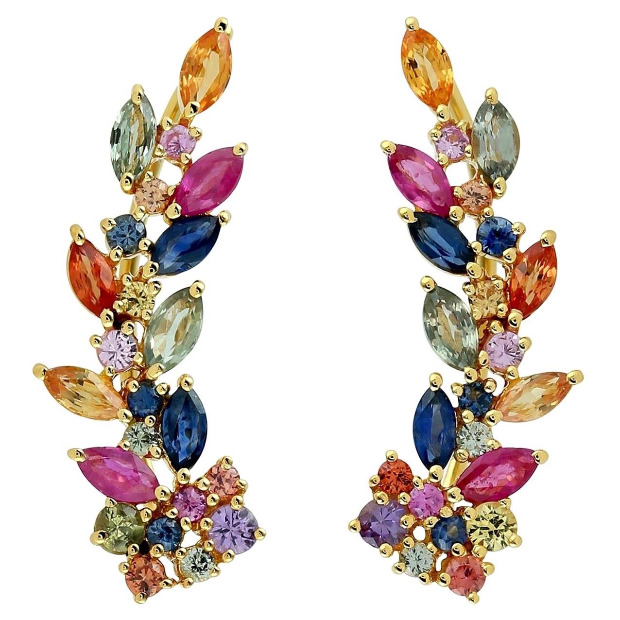 Multi Stone Sapphire 14 Karat Gold Leaf Ear Climbers