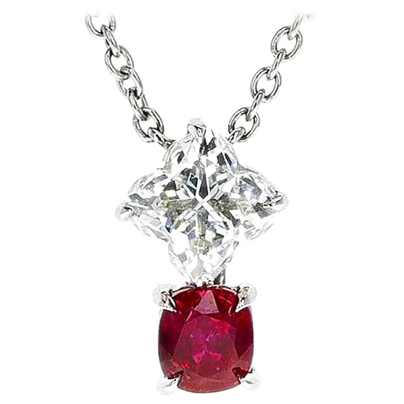 GIA Clover Shape Diamond and Oval Ruby Pendant Necklace, Platinum For Sale