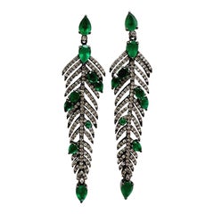 1960s Diamonds Emeralds 18k Yellow Gold Silver Stud Tear Feather Long Earrings