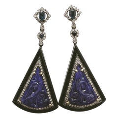 Diamond Sapphire Lapis Lazuli Onyx 18k Gold Silver Stud Fan Long Earrings