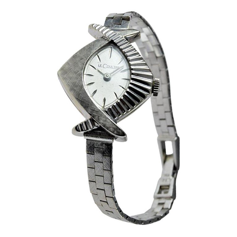 LeCoultre Ladies 14 Karat White Gold Midcentury Watch with Original Bracelet For Sale