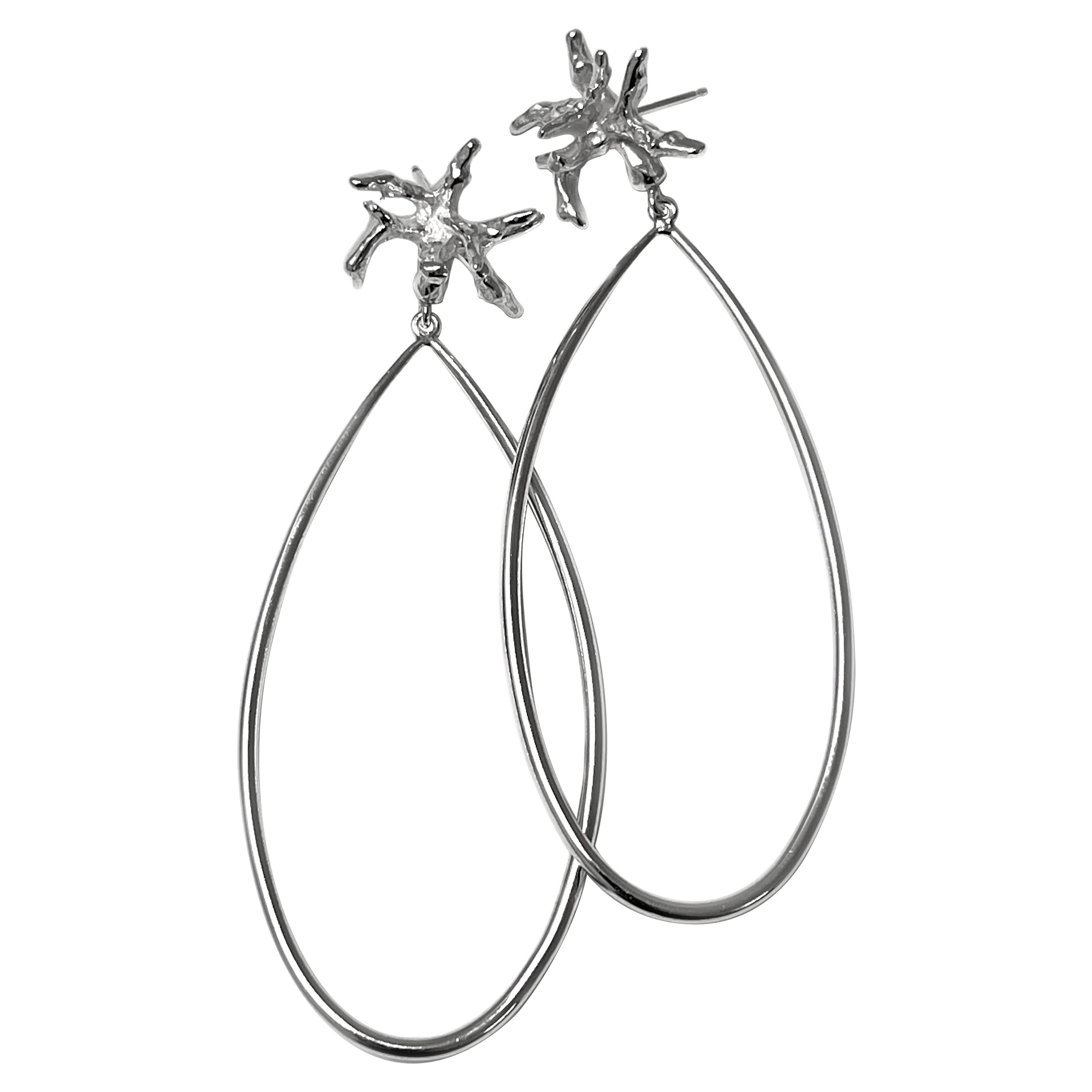 Seaview Earrings in Sterling Silver Dangle Teardrop with Coral Stud For Sale