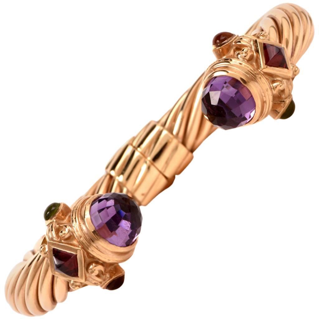 Multi Gem Gold Twisted Rope Wire Cuff Bangle Bracelet For Sale at 1stdibs
