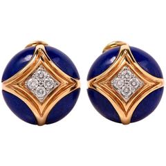 Van Cleef & Arpels Cobalt Enamel Diamond Gold Clipback Earrings