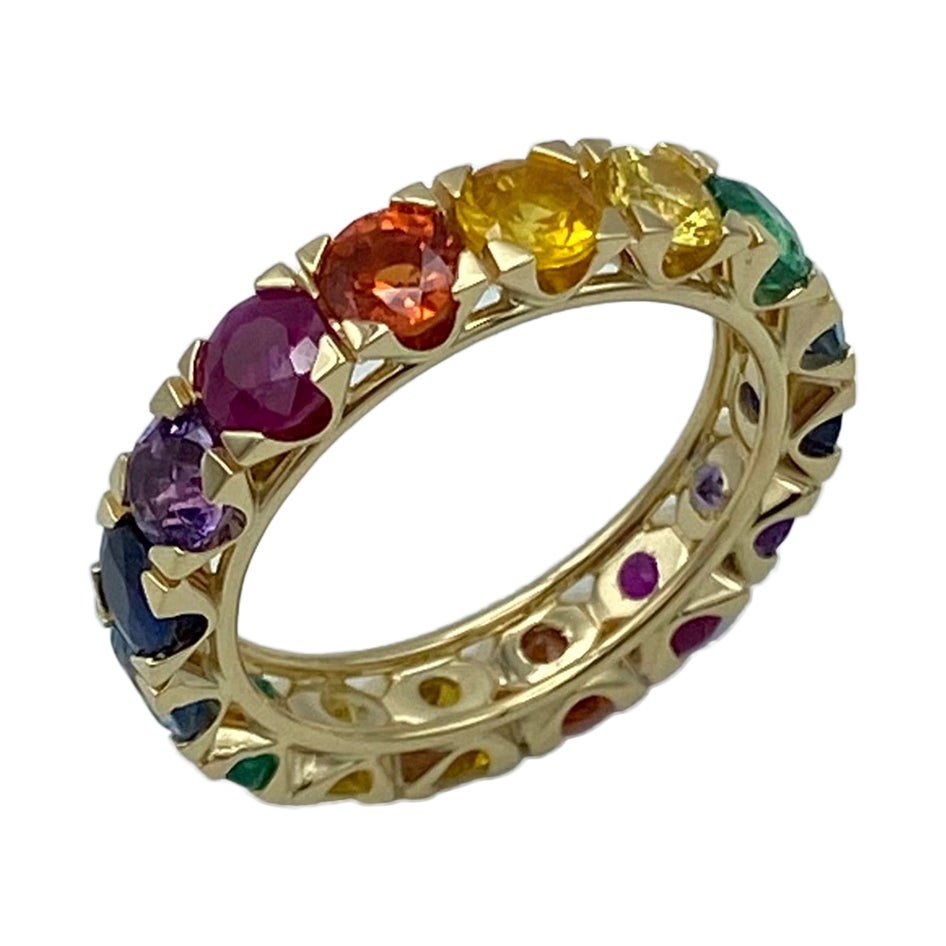 Rainbow Sapphire Emerald Ruby Semiprecious Stone 18Kt Gold Eternity Ring For Sale