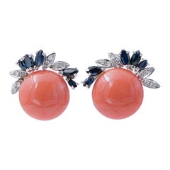 Coral, Sapphires, Diamonds, 14 Karat White and Rose Gold Earrings