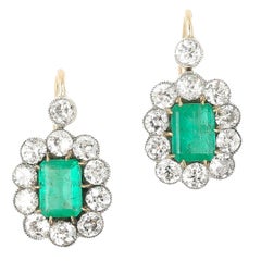 Antique French Art Deco 18k Gold 2ct Emerald and 2ct Diamond Cluster Earrings Circa 1920