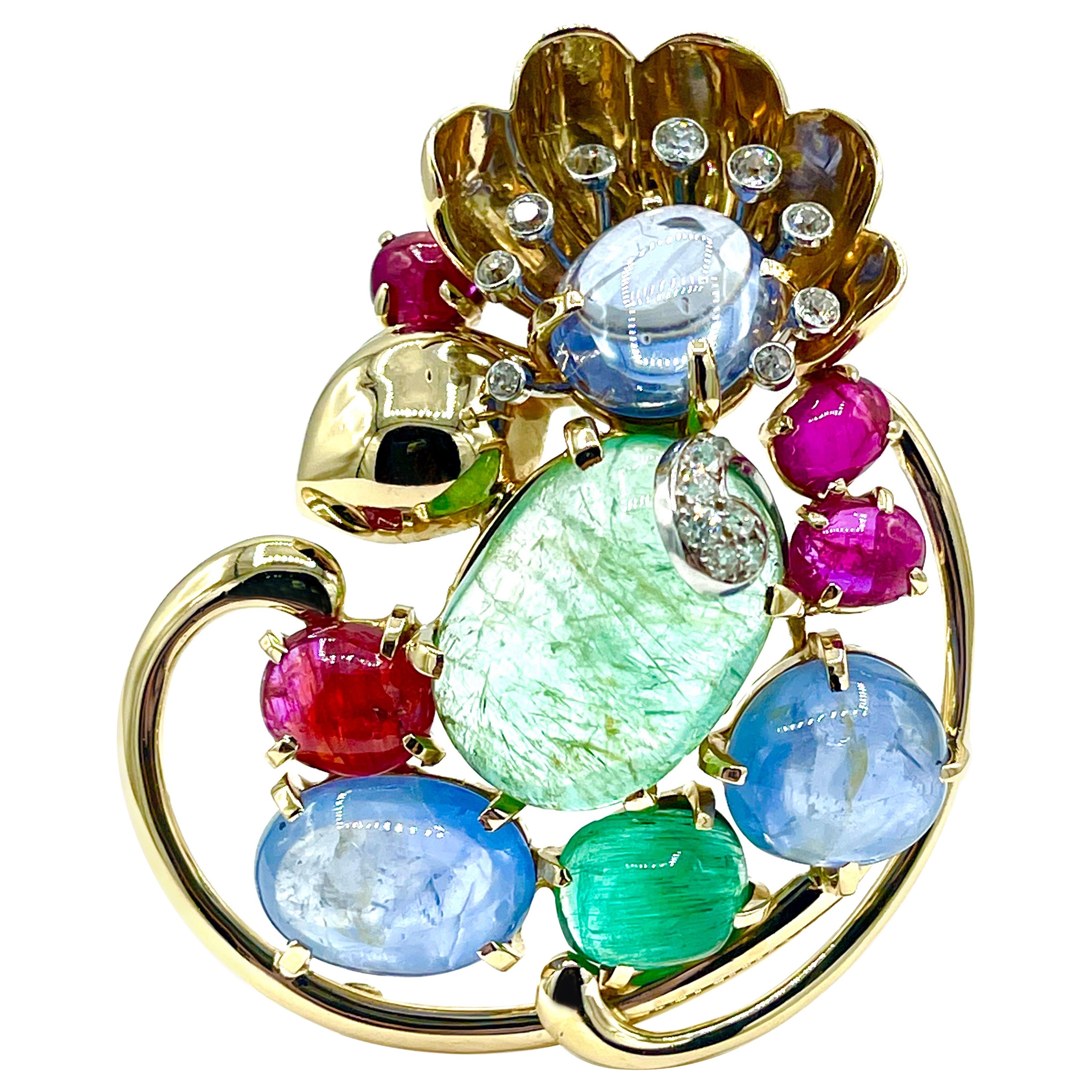 Seaman Schepps Floral Brooch with Cabochon Sapphire, Emerald, Ruby, & Diamonds  For Sale