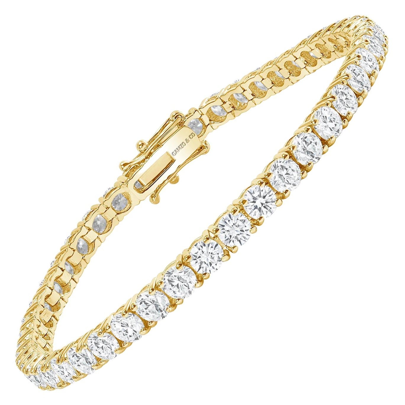 7 Inches 14K Yellow Gold 4 Prong 12 Carat Round Diamond Tennis Bracelet For Sale