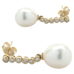 14 Karat Yellow Gold Cultured Freshwater Pearl and Diamond Drop Earrings