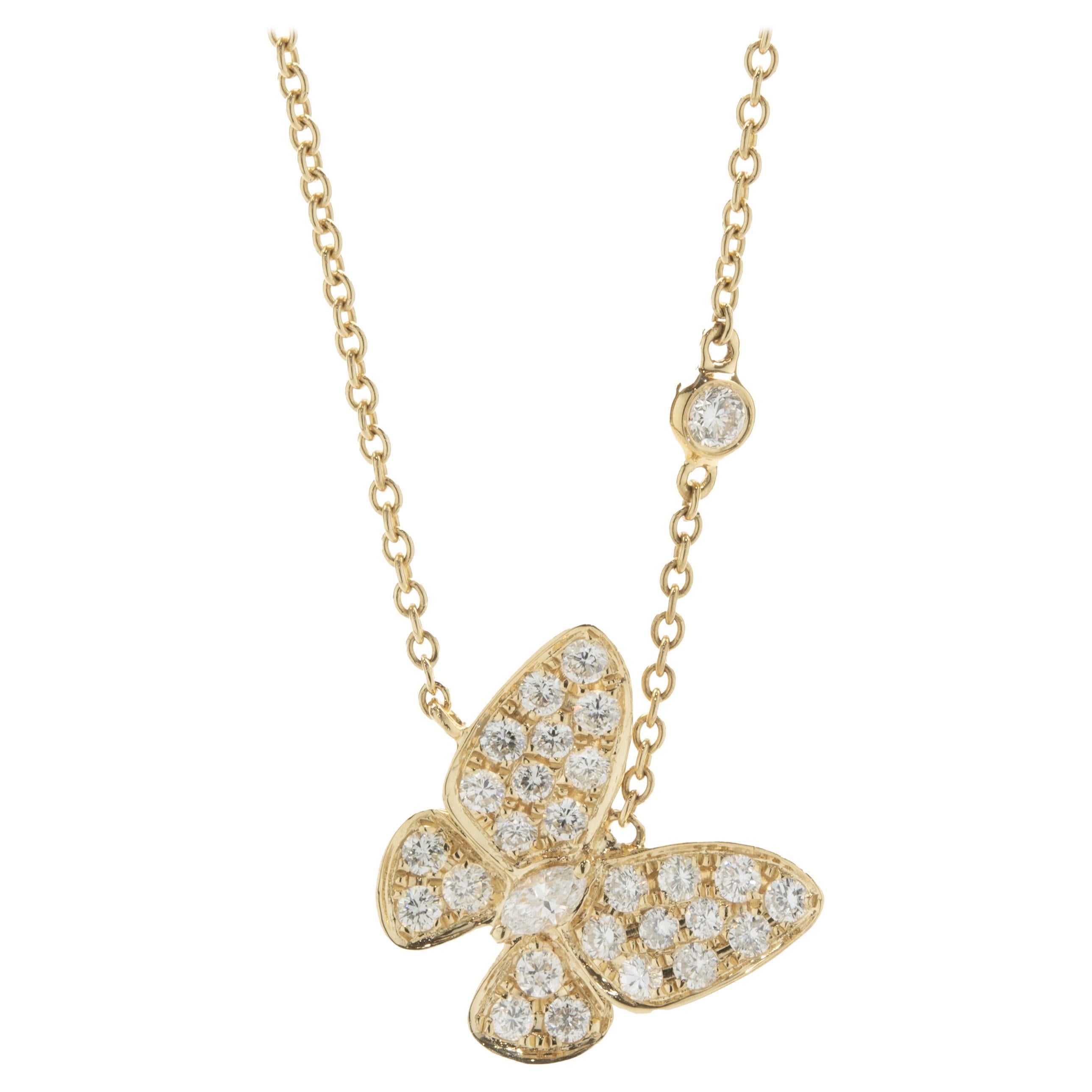 18 Karat Yellow Gold Pave Diamond Butterfly Necklace For Sale