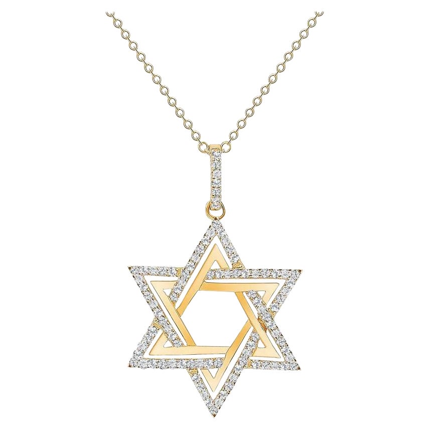 22 Inches 14k Yellow Gold 1 Carat Total Round Diamond Star of David Necklace For Sale