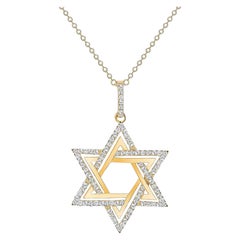 Collier étoile de David en or jaune 14 carats avec diamants ronds de 1 carat au total de 22 pouces