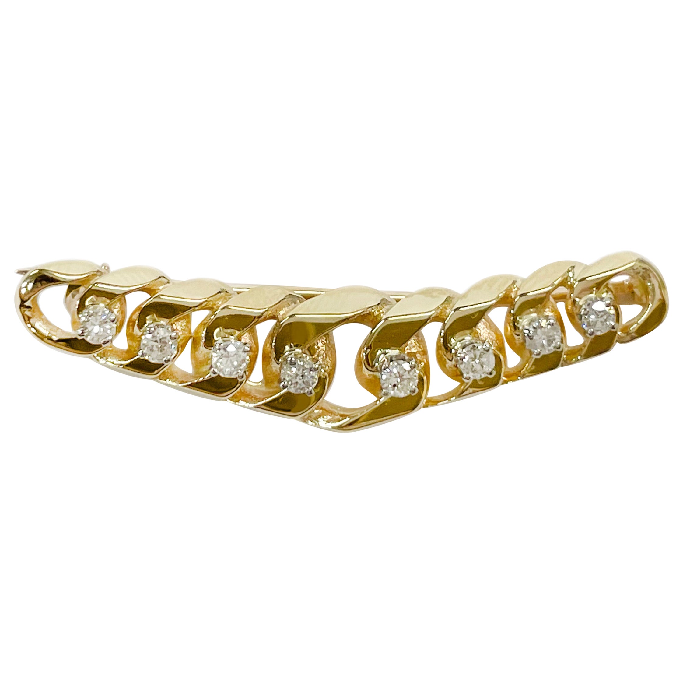Yellow Gold Diamond Curbed Link Diamond Brooch For Sale