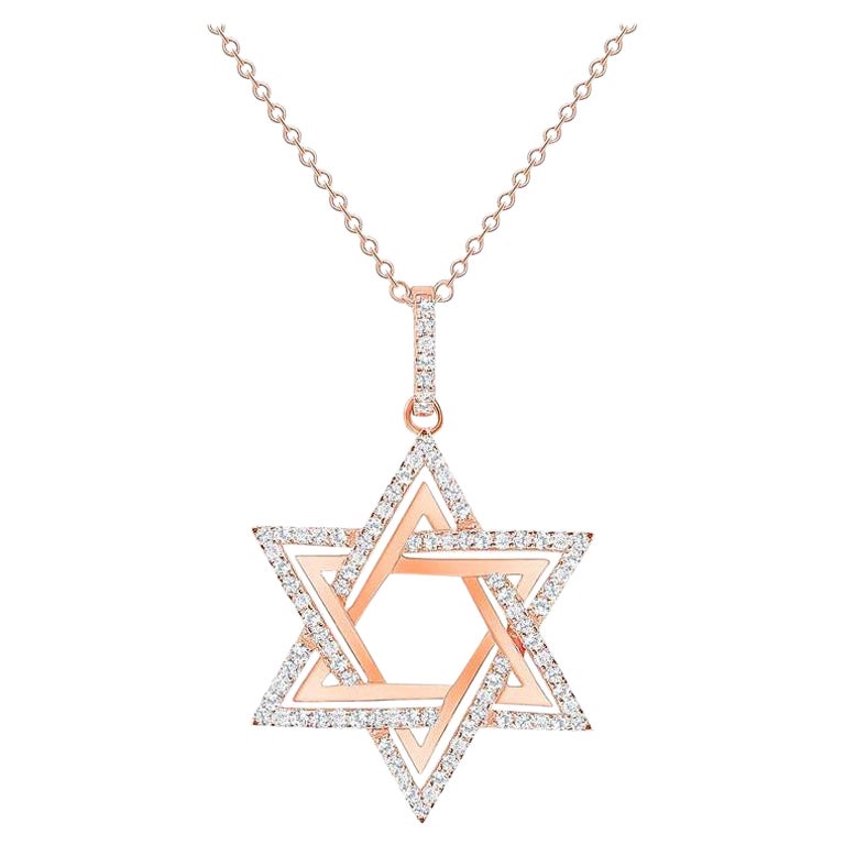 14k Rose Gold 1 Carat Total Round Diamond Star of David Necklace For Sale
