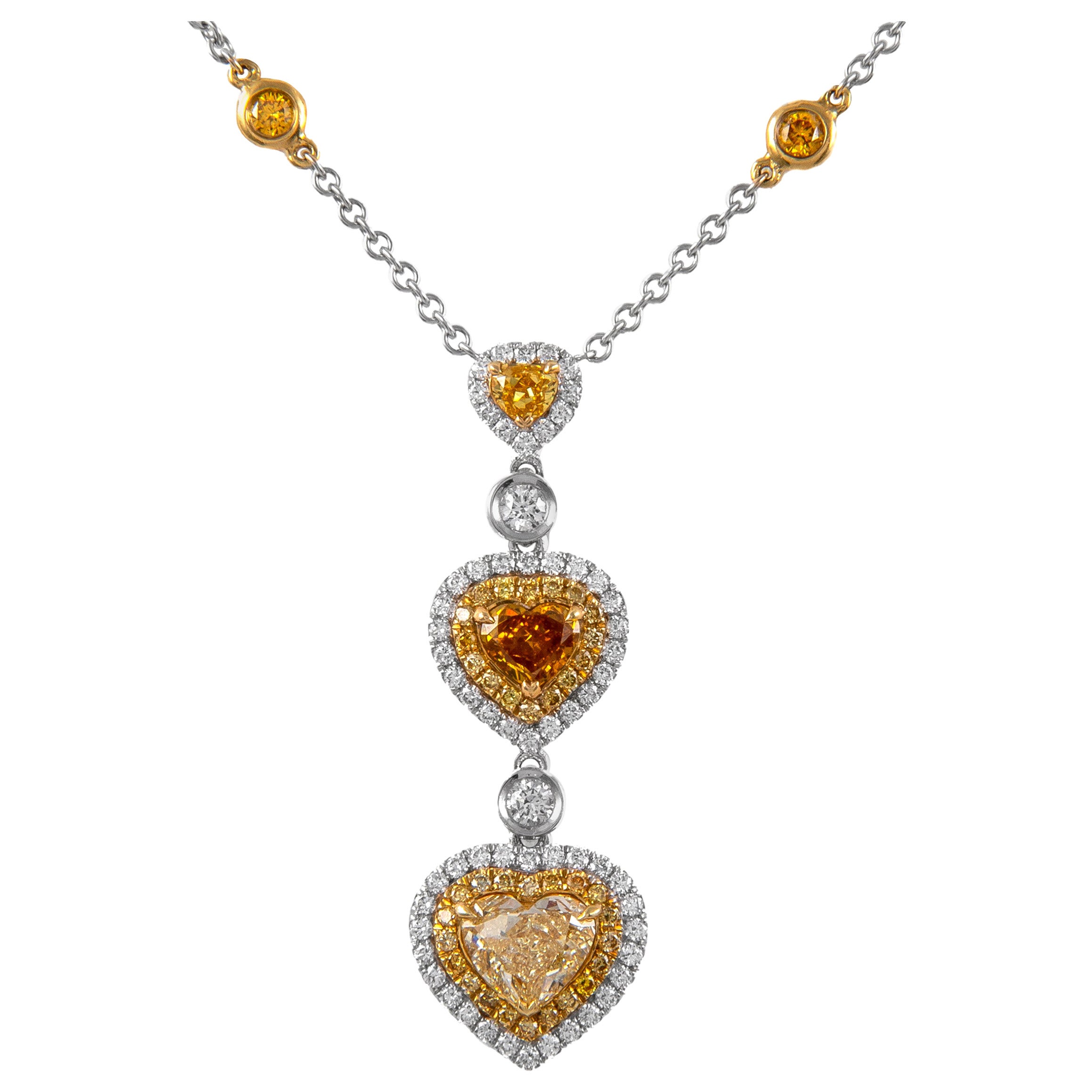 Alexander GIA 4,15 Karat Ausgefallene Farbe Diamant-Tropfen-Halskette 18k Weiß- und Gelbgold im Angebot