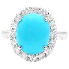 7.65 Carats Natural Turquoise and Diamond 18k Solid White Gold Ring