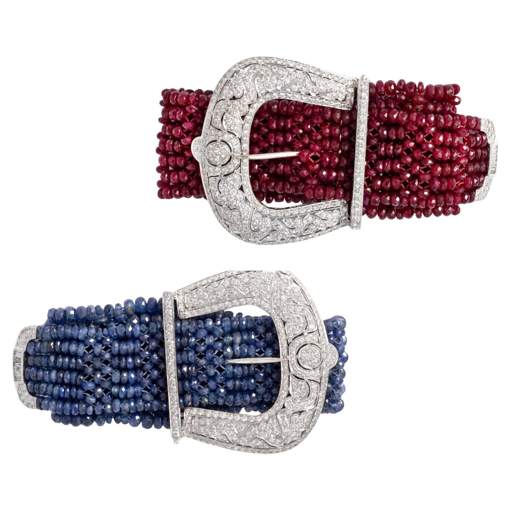 Pair of Diamond Ruby and Sapphire Bracelets