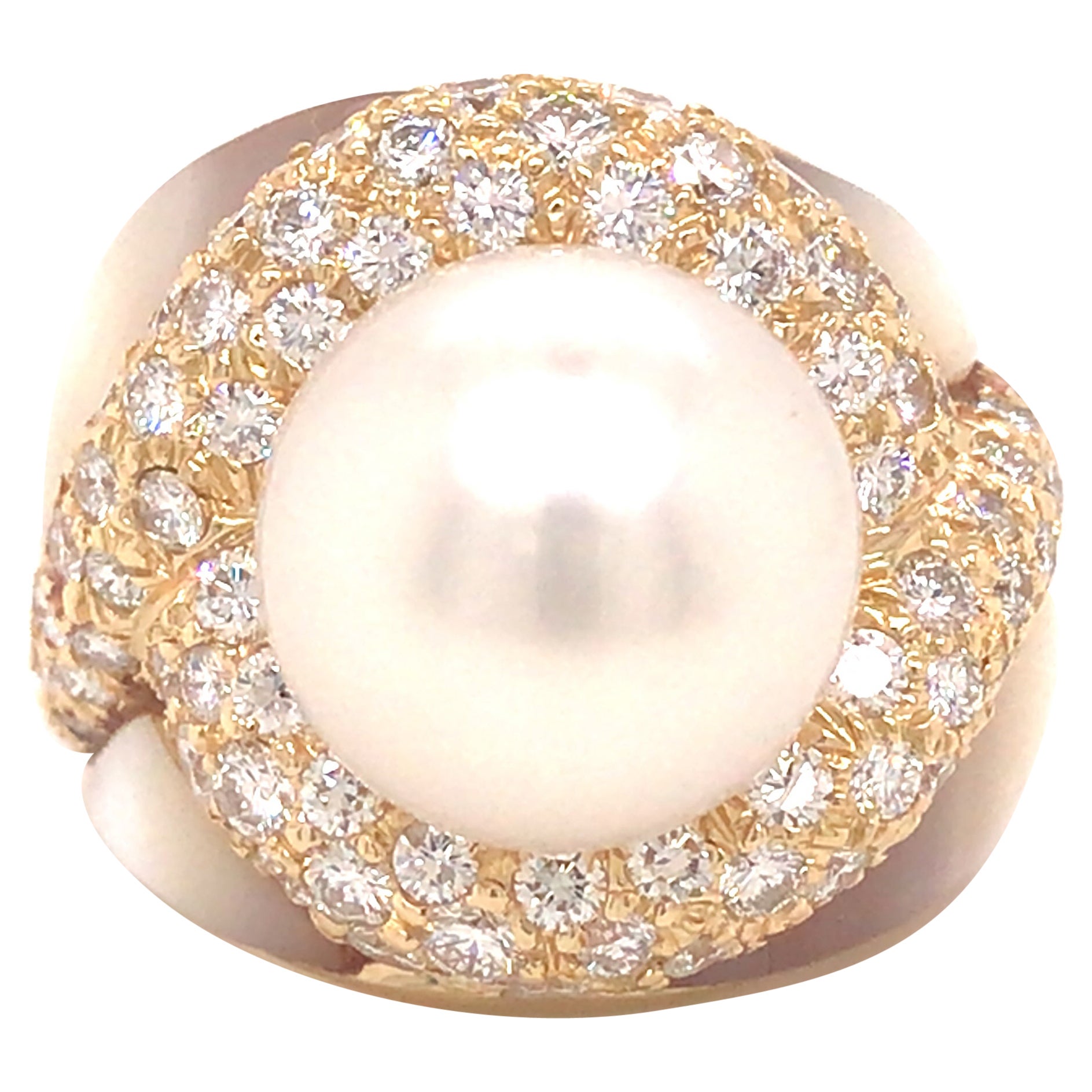 18K Pearl Diamond Ring Yellow Gold For Sale