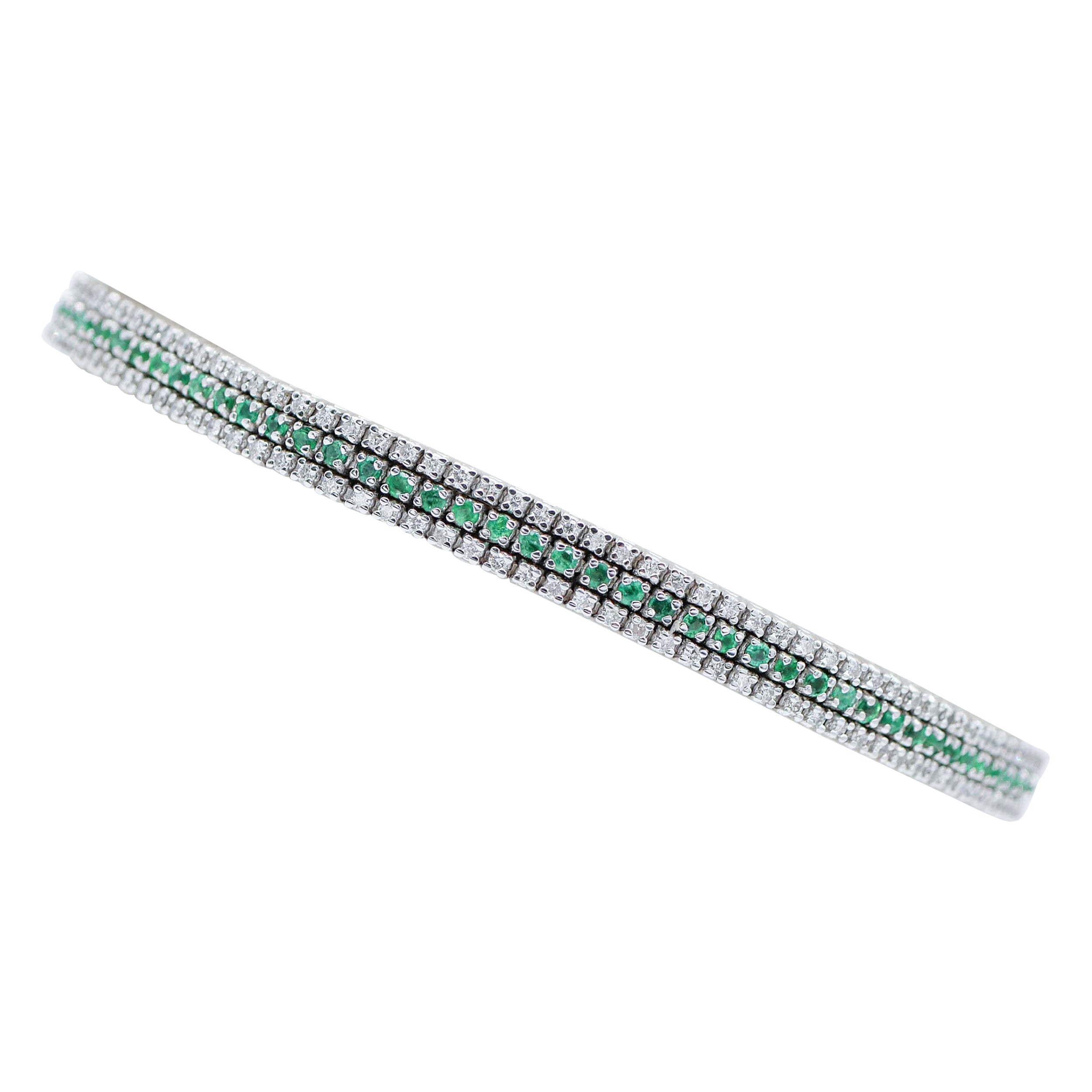 Emeralds, Diamonds, 14 Karat White Gold Tennis Bracelet For Sale