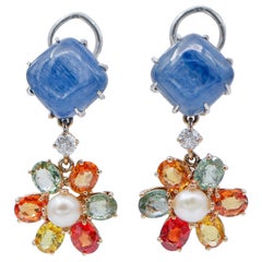 Boucles d'oreilles en or blanc et rose 14 carats, kyanite, saphirs, diamants, perles