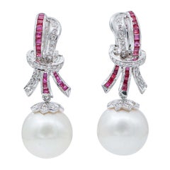 South-Sea Pearls, Rubies, Diamonds, 18 Karat White Gold Earrings