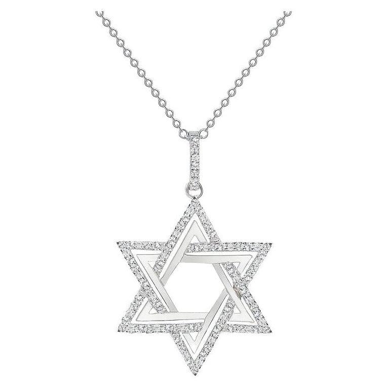 16 Inches 14k White Gold 2 Carat Total Round Diamond Star of David Necklace For Sale