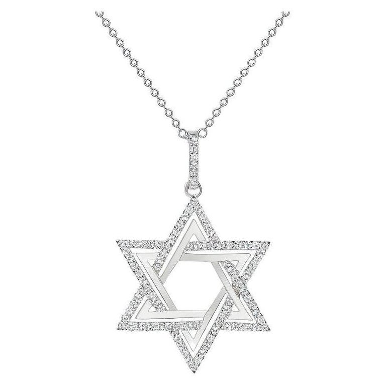 20 Inches 14k White Gold 2 Carat Total Round Diamond Star of David Necklace For Sale