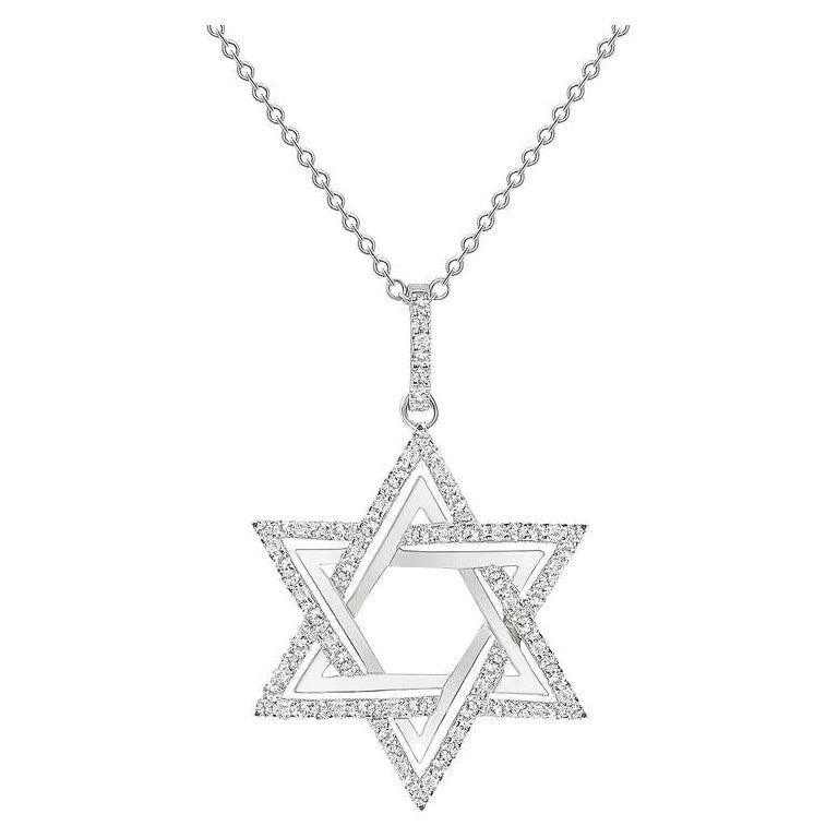 14k White Gold 2 Carat Total Round Diamond Star of David Necklace For Sale