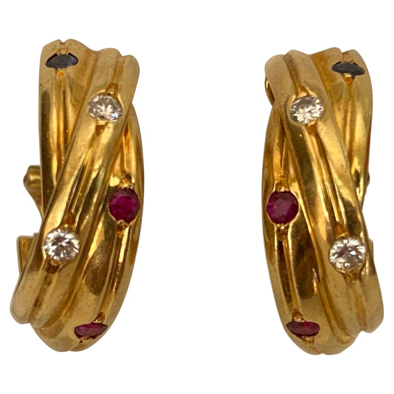 Cartier Constellation 18kt Yellow Gold, Ruby, Sapphire and Diamond Earrings For Sale