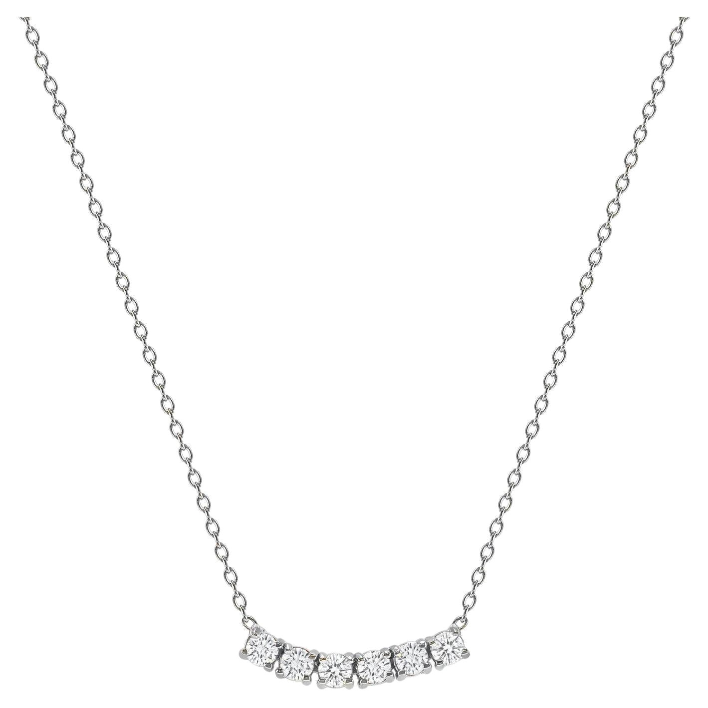 14k White Gold 0.75 Carat Petite Round Diamond Six Stone Curved Necklace For Sale