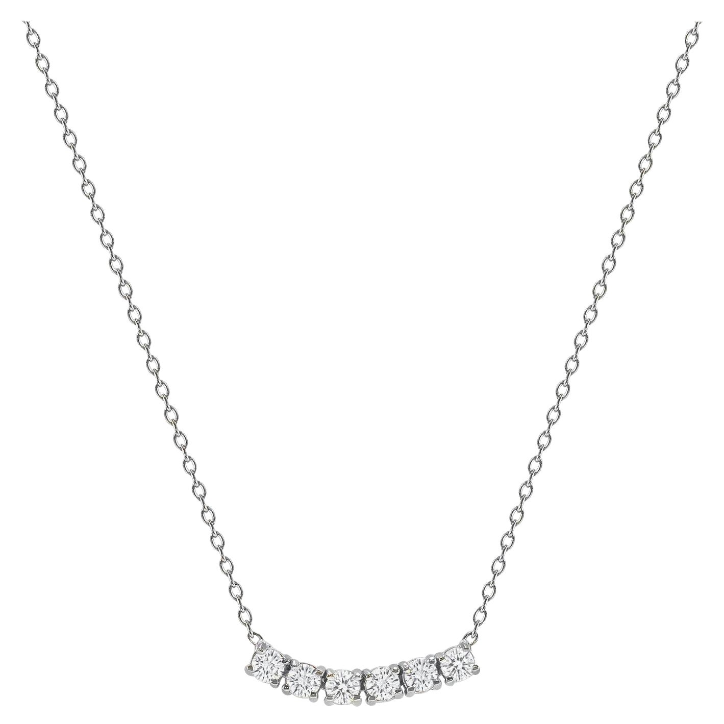 14k White Gold 1.5 Carat Petite Round Diamond Six Stone Curved Necklace For Sale