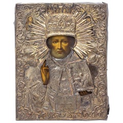 19th Century Russian Icon of St Nicholas with Silver Riza