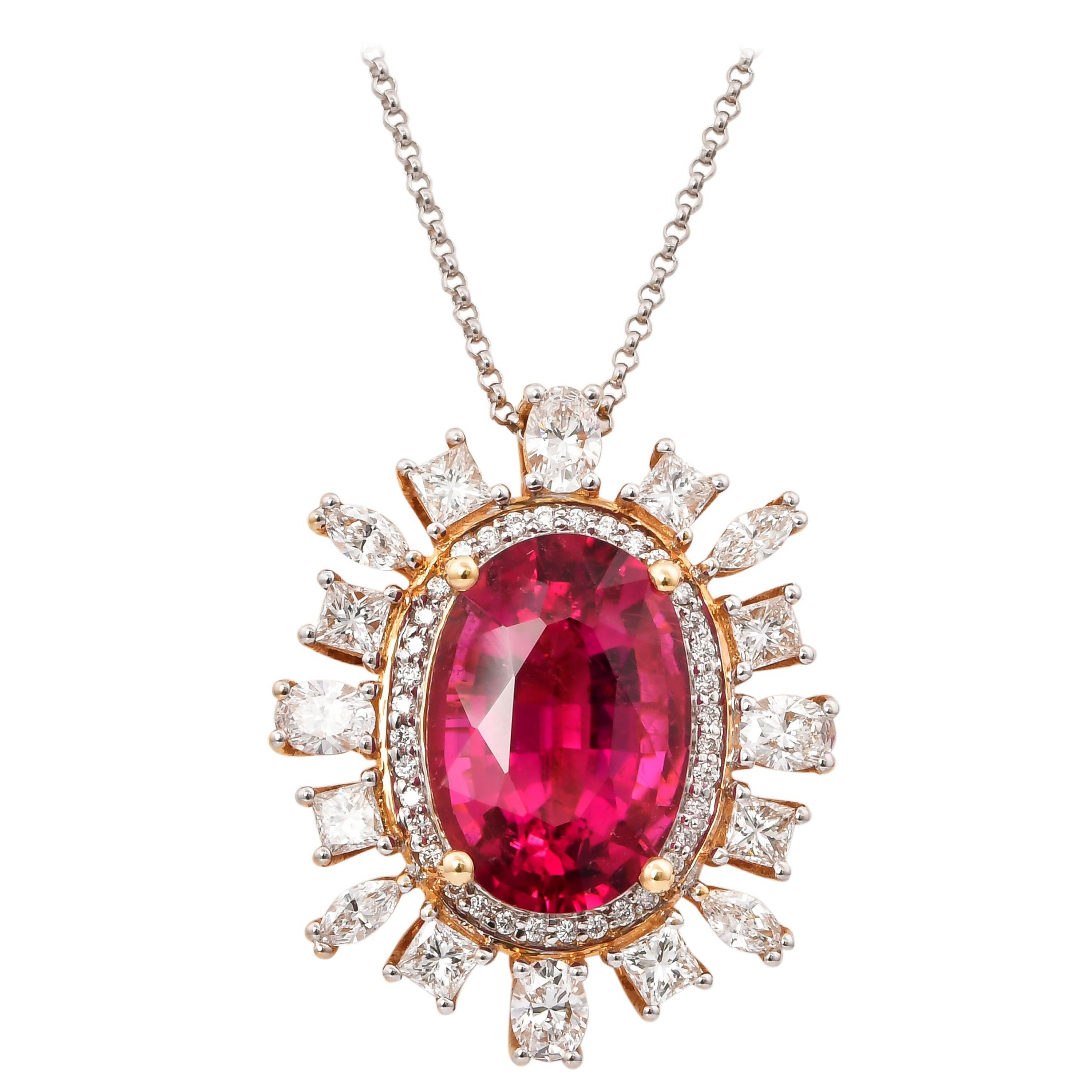 7.6 Carat Rubelite Tourmaline Pendant with Diamond in 18 Karat Yellow Gold For Sale