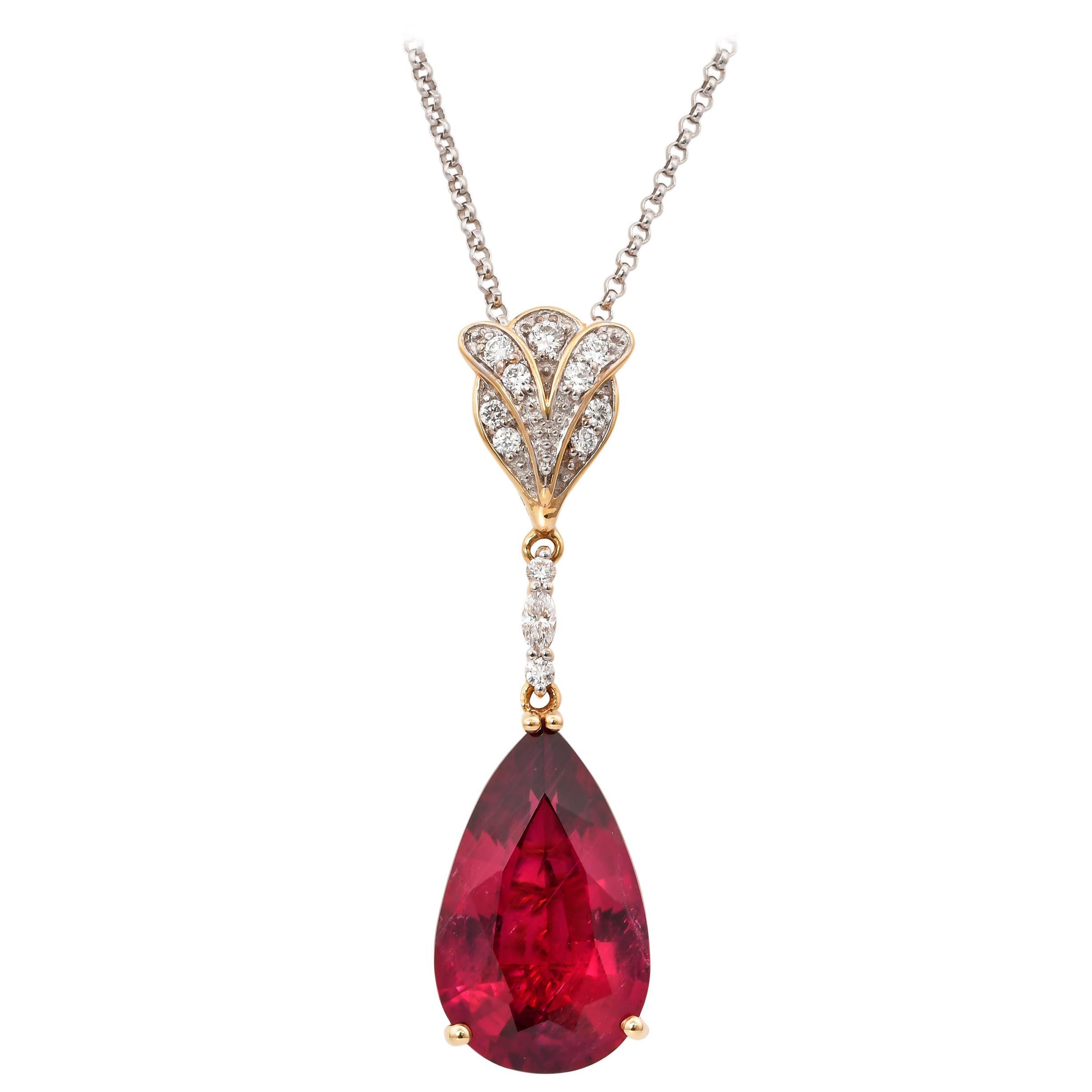 11.71 Carat Rubellite Tourmaline Pendant with Diamond in 18 Karat Yellow Gold For Sale