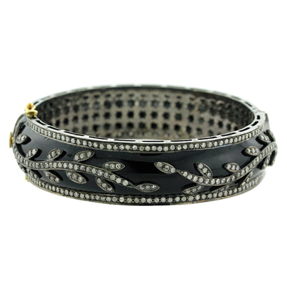 Black Enamel Bangle with Rose Cut Diamonds Made in 18kt Gold & Oxidised Silver For Sale