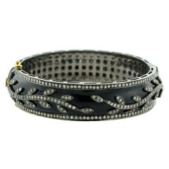 Black Enamel Bangle with Rose Cut Diamonds Made in 18kt Gold & Oxidised Silver