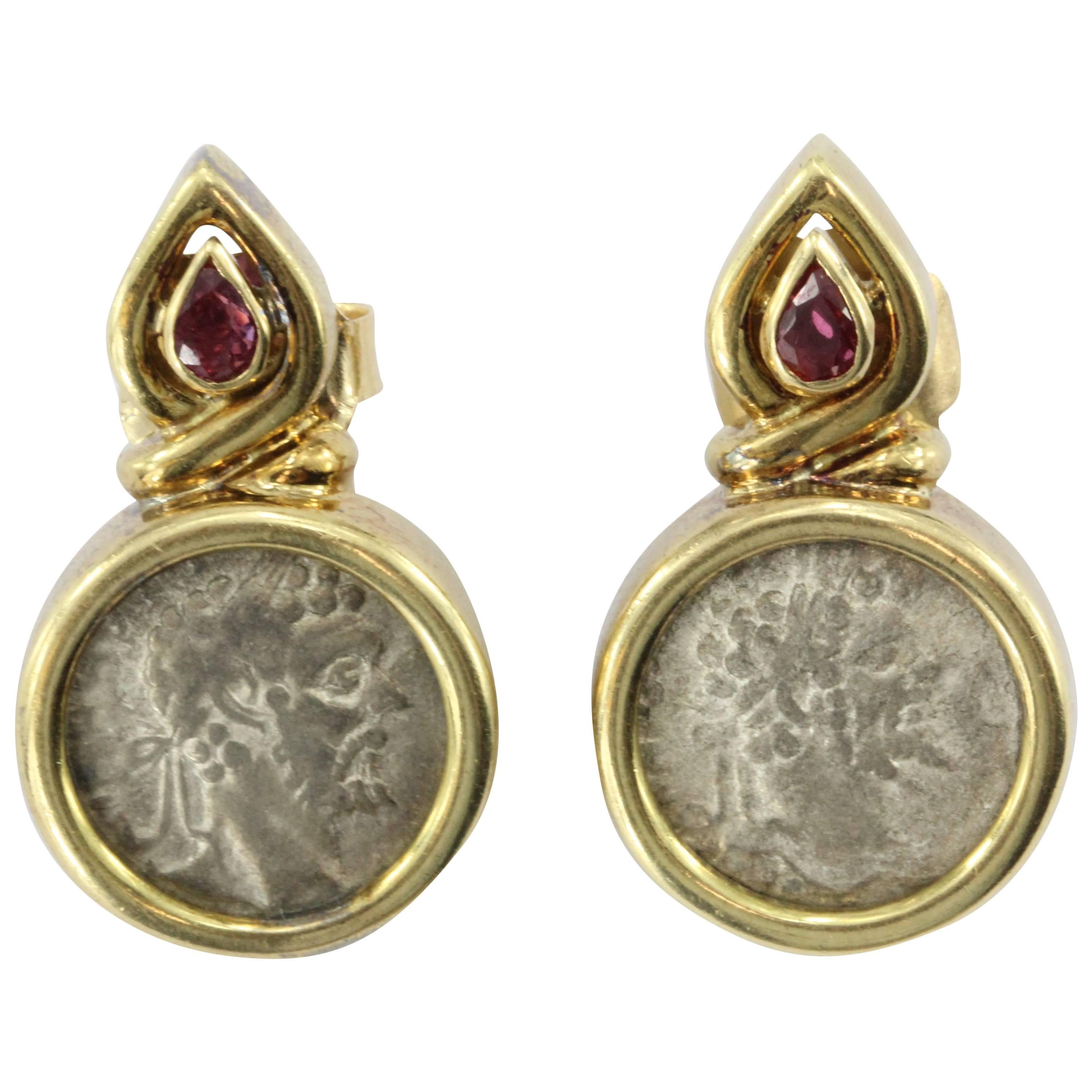 Ruby Gold Roman Silver Denarius Coin Earrings