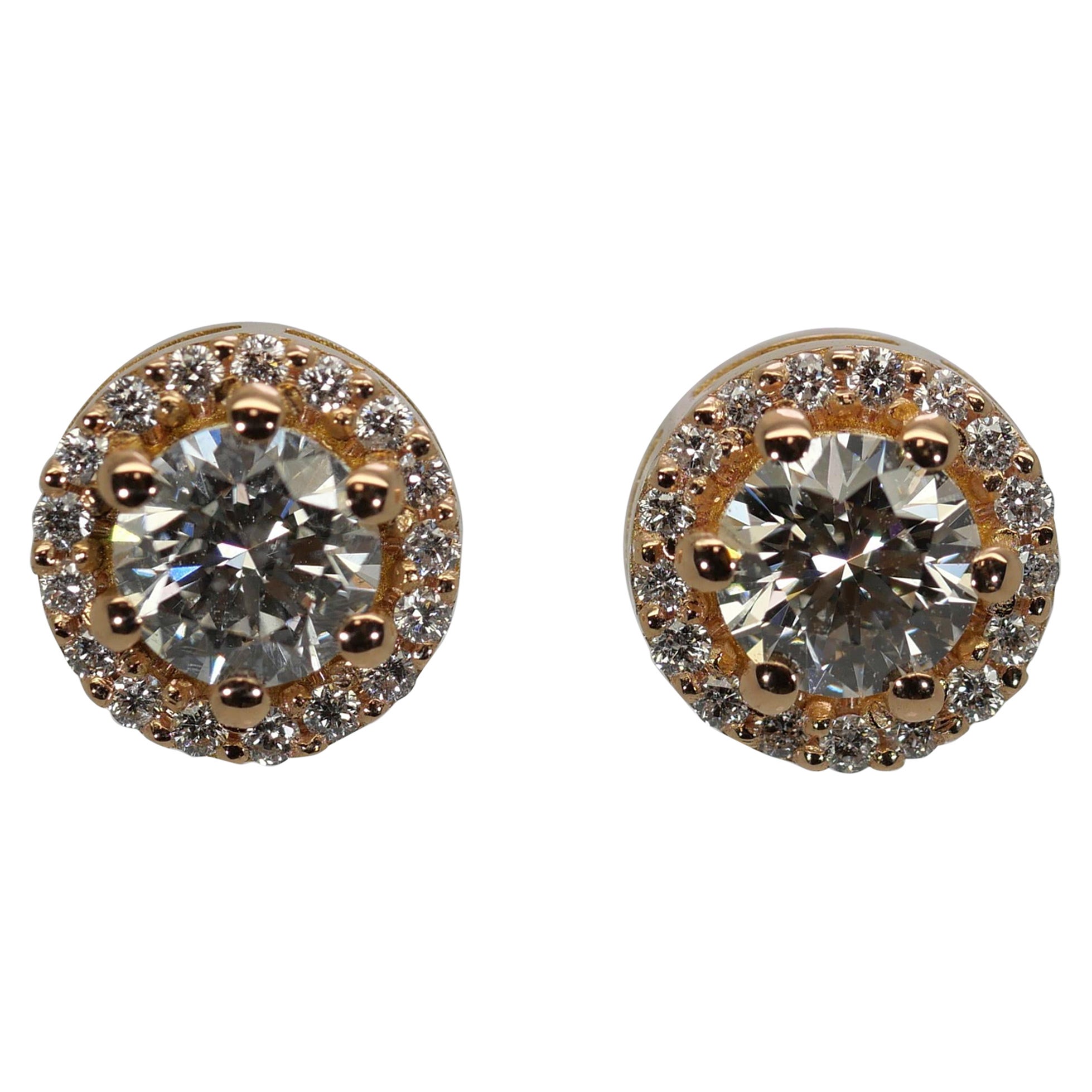 Beautiful 18k Rose Gold Halo Stud Earrings with 0.97 Natural Diamonds