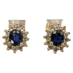 Elegant 18k Yellow Gold Earrings W/ 0.88 Ct Natural Sapphire & Diamond, NGI Cert