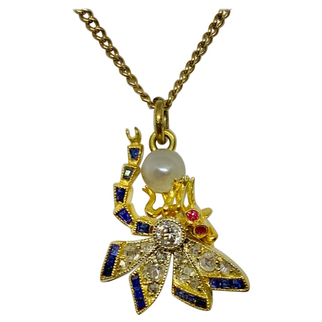 Sapphire Rose Diamond Ruby Dragonfly Insect Necklace Art Nouveau 14 Karat Gold For Sale