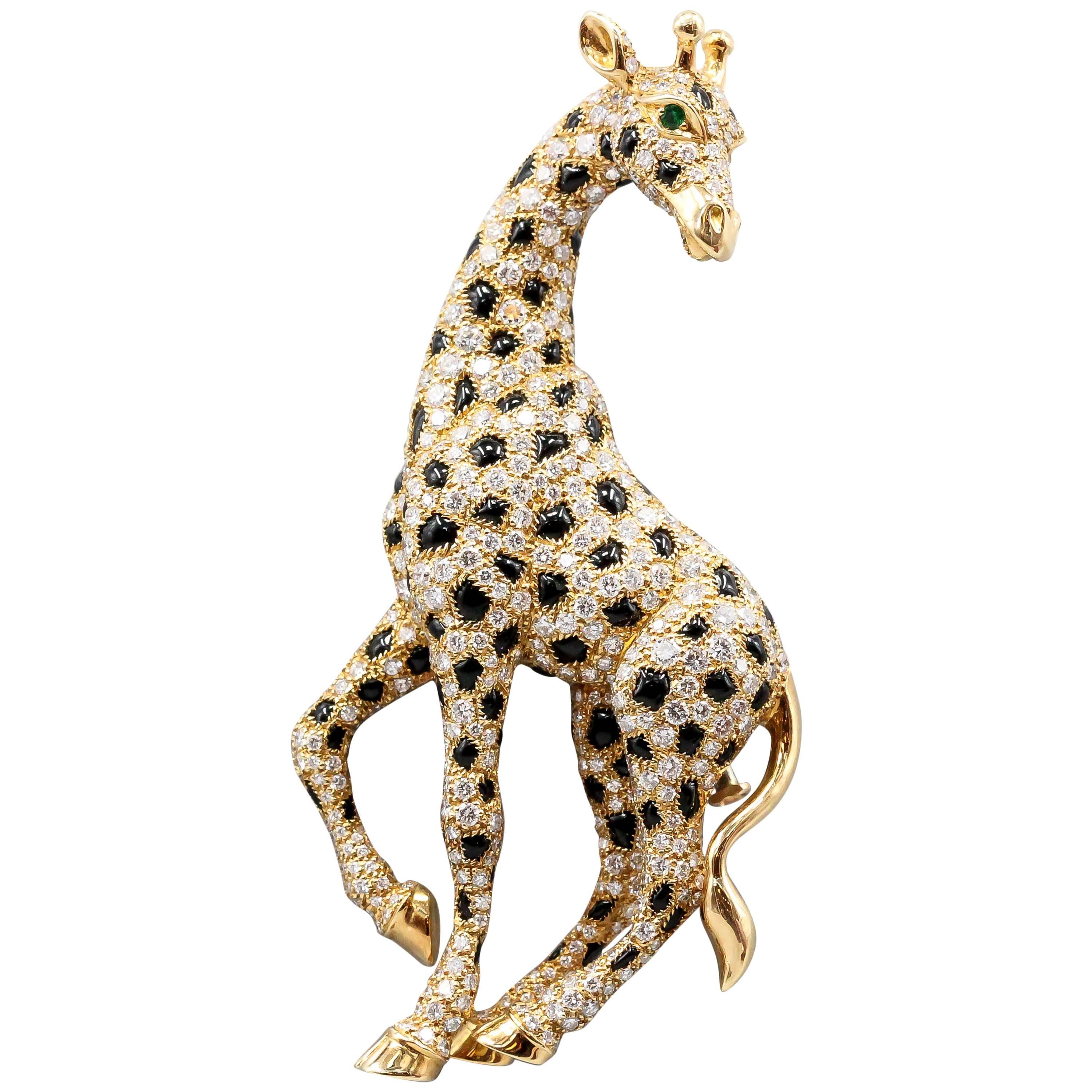 Cartier Onyx Emerald Diamond Gold Giraffe Brooch