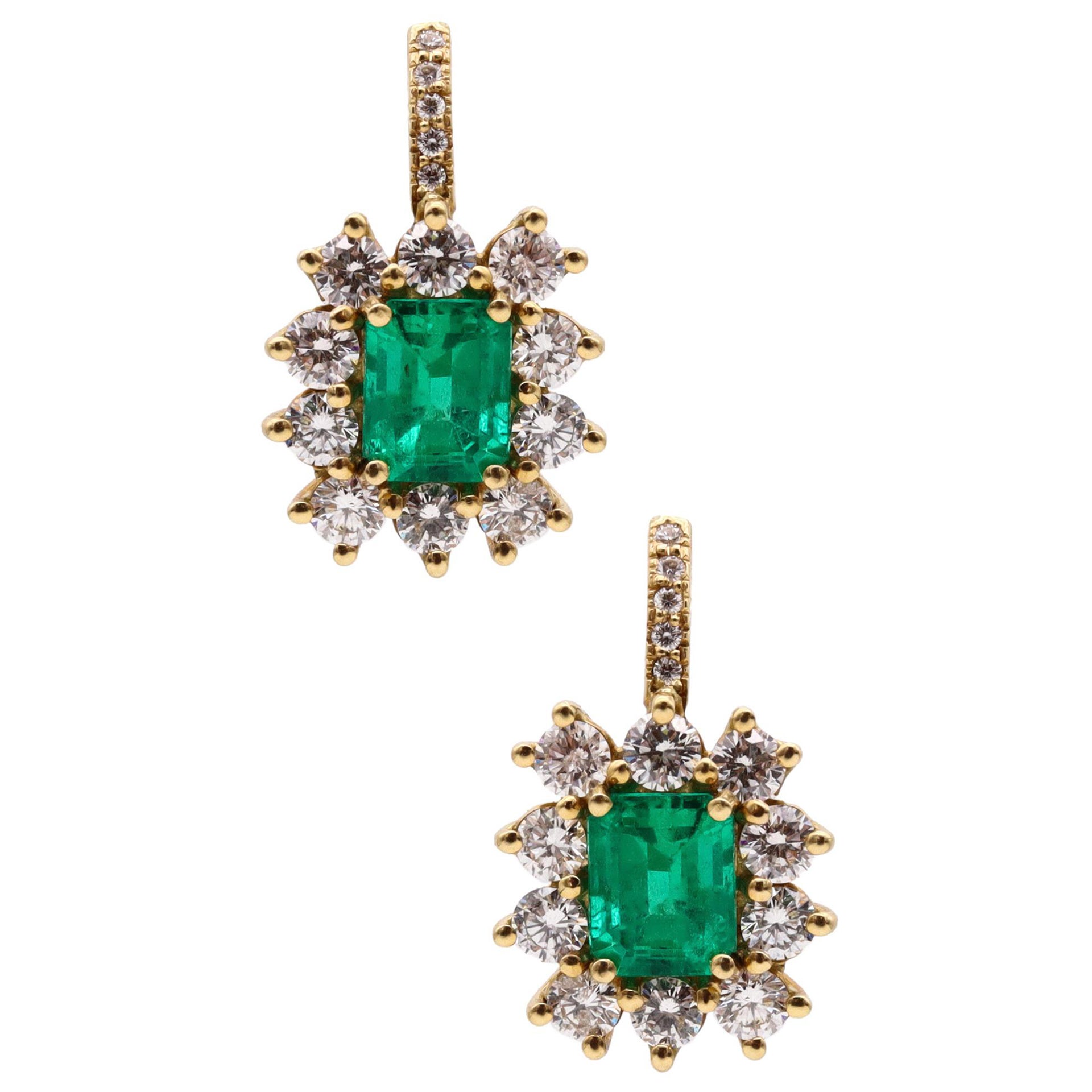 French Hook Earrings in 18kt Yellow Gold with 4.92 Ctw in Diamonds and Emeralds