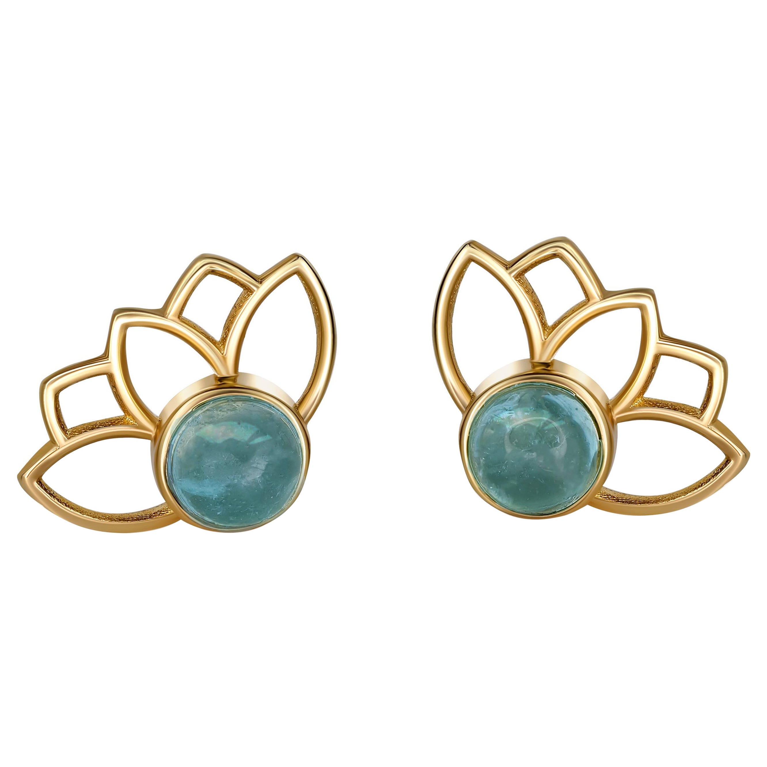Lotus Earrings Studs with Aquamarines in 14k Gold, Aquamarine Cab Earrings For Sale