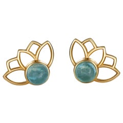 Lotus Earrings Studs with Aquamarines in 14k Gold, Aquamarine Cab Earrings